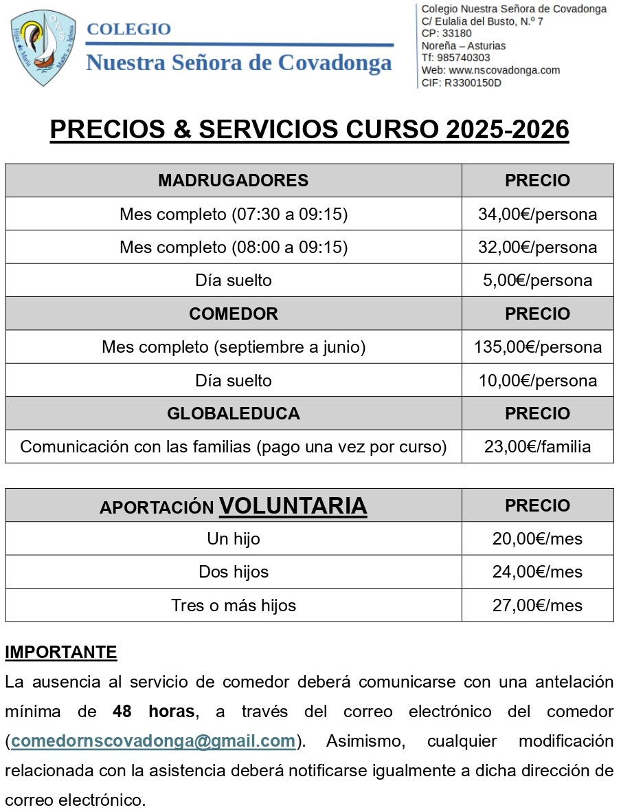 SERVICIOS Y PRECIOS COLEGIO CURSO 2025-2026